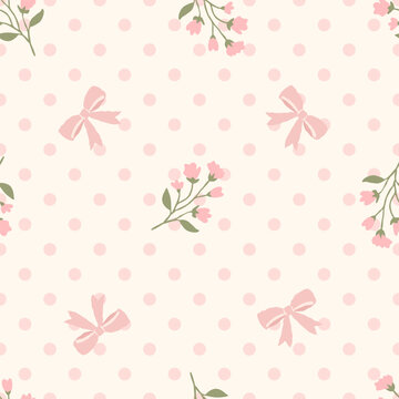 Seamless pastel ribbon bow and tiny floral pattern with pink polka dots on cream background, cute feminine botanical repeat for fabric and wallpaper.