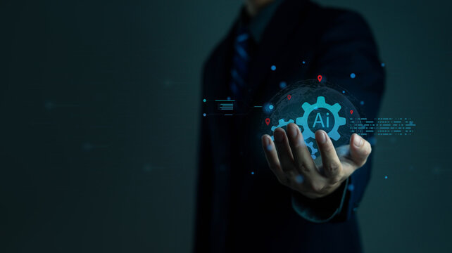 Businessman holding digital globe with AI technology icons, representing artificial intelligence, innovation, data analytics, and future business transformation in the modern digital world.