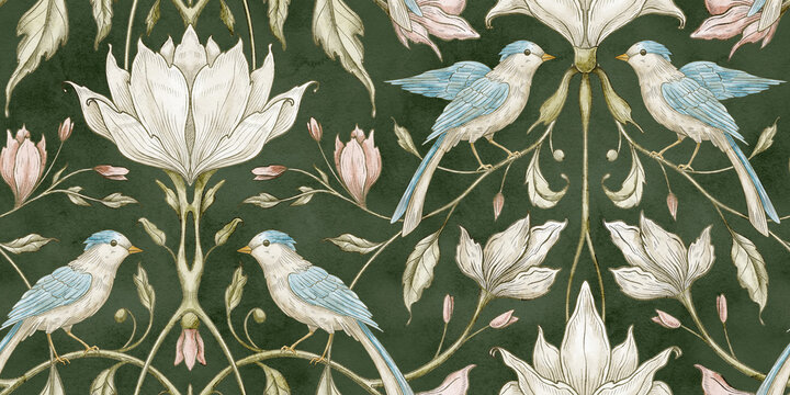 Bird seamless pattern with magnolia flowers and botanical ornament on deep green background. Watercolor repeat with ornamental details for wallpaper and textile designs. Floral backdrop for fabric.