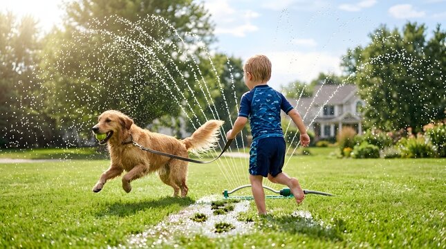 Child running after golden retriever dog in yard sprinkler during summer heat wave experiencing joyful childhood moments outdoors.