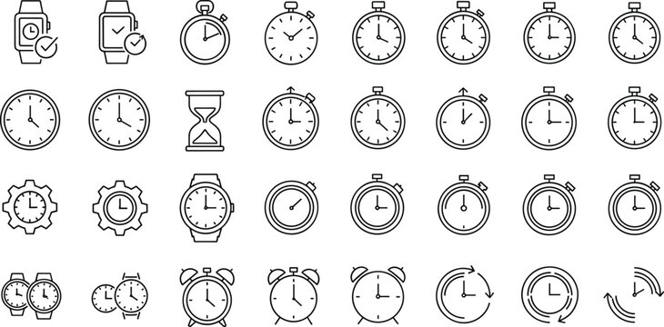 Black and white line collection of clocks and time symbols hour hand minute hand alarm clock