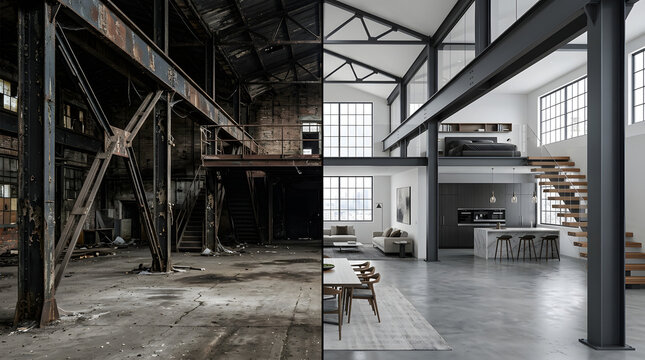 Transformation et r&eacute;novation d'un entrep&ocirc;t industriel en loft moderne