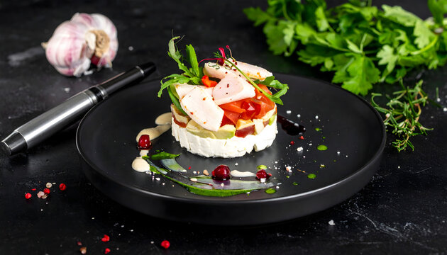 Entr&eacute;e gastronomique &eacute;l&eacute;gante en superposition de saumon et fromage frais