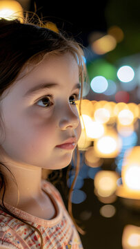 Portrait d'une petite fille pensive devant un arri&egrave;re-plan flou de lumi&egrave;res festives