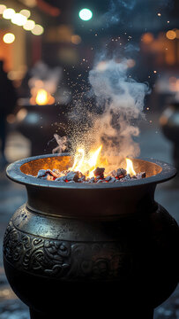 Br&ucirc;leur d'encens traditionnel en bronze avec feu et fum&eacute;e sacr&eacute;e dans un temple