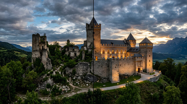 Vue a&eacute;rienne d'un ch&acirc;teau m&eacute;di&eacute;val illumin&eacute; au coucher du soleil