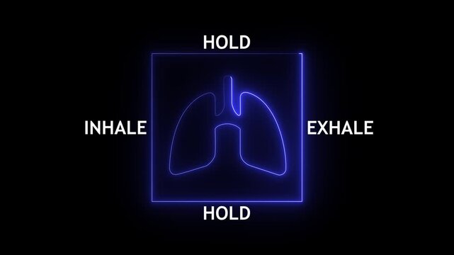 glowing neon animation of a box breathing exercise guide with lungs icon and inhale-hold-exhale cycle .useful for meditation, relaxation and mindfulness.4k motion video ...