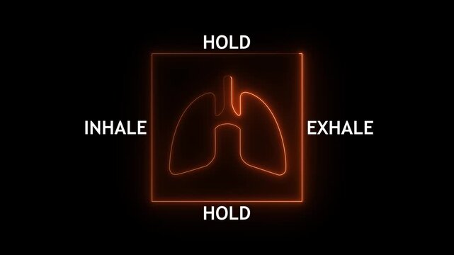 glowing neon animation of a box breathing exercise guide with lungs icon and inhale-hold-exhale cycle .useful for meditation, relaxation and mindfulness.4k motion video ...