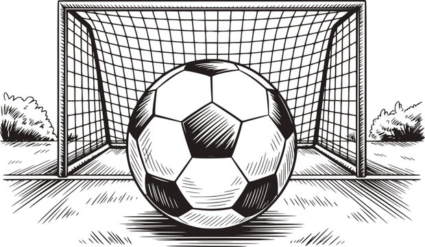 サッカーゴールのネットの前に置かれたクラシックなサッカーボールの手書きの白黒イラスト
