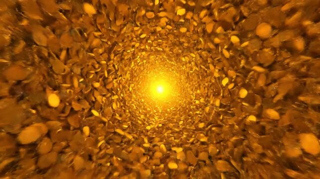 Swirl of golden leaves forms a vibrant vortex illuminated by sunlight. Autumn atmosphere with warm, inviting tones. Concept of seasonal change, nature appreciation, relaxation