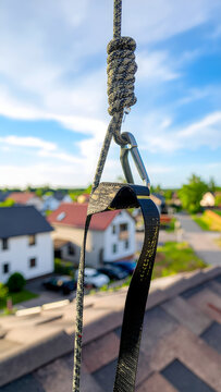 Corde de s&eacute;curit&eacute; professionnelle avec mousqueton fix&eacute;e sur un toit en construction