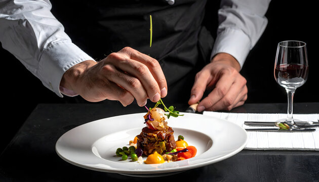 Gros plan sur les mains d'un chef d&eacute;corant un plat raffin&eacute; &agrave; table