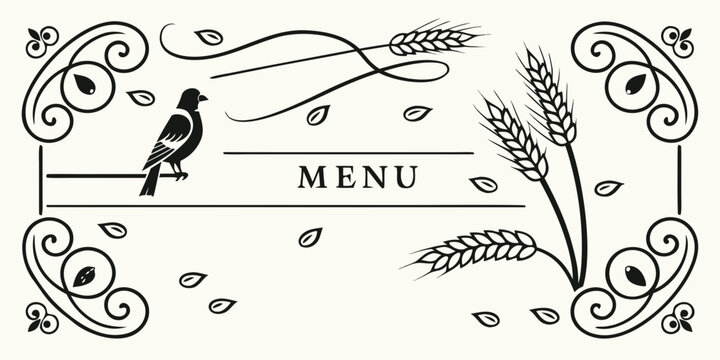 Vintage restaurant menu design with bird and wheat illustration