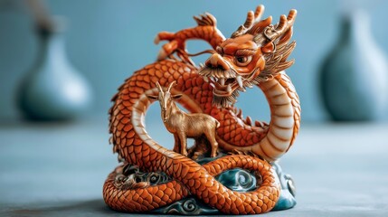 Obraz premium Intricate 3D Dragon Sculpture Coiling Protectively Around Golden Goat