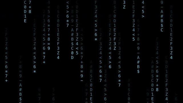 Blue digital code characters raining down cyber style, transparent background loop animation
