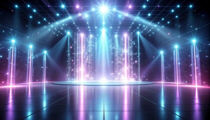 Obraz premium Futuristic neon stage with colorful spotlight background 鮮やかなスポットライトが降り注ぐ未来的ネオンステージ背景イラスト
