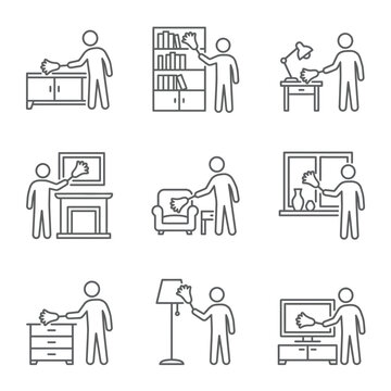Home cleaning icons, dusting furniture, shelves, lamp, fireplace, window, TV, floor lamp