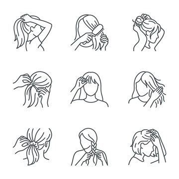 Woman's Hair Styling Steps Icons: Brushing, Ponytail, Bun, Braid, Messy Updo