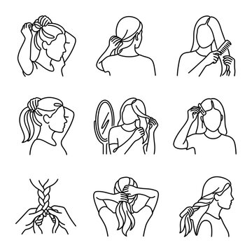 Woman's Hair Styling Steps: Bun, Ponytail, Braid, Comb - Line Art