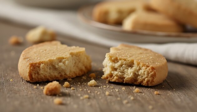 Crumbly shortbread cookie broken in half with pieces scattered on wooden table