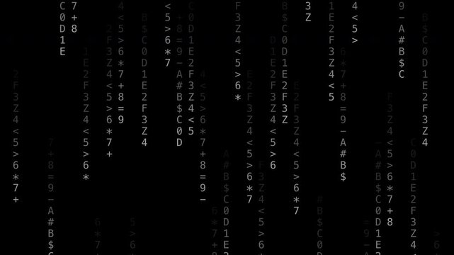 Gray digital code characters raining down cyber style, transparent background loop animation