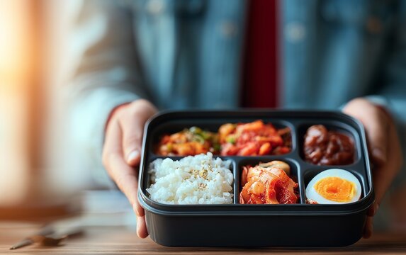 Closeup of Opened Korean Dosirak Bento Box with Various Delicious Dishes