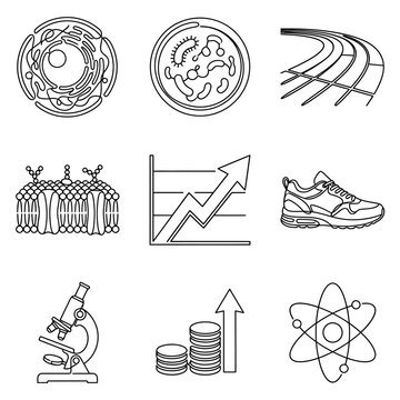 Science and Health Icons: Cell, Bacteria, Track, DNA, Graph, Shoe, Microscope, Coins, Atom