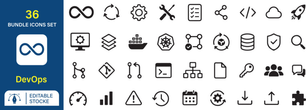 DevOps Vector Outline Icons Set &ndash; 36 Modern CI/CD, Cloud Infrastructure, Kubernetes, Docker, Automation, Deployment, Monitoring, Server and Software Development Line Icons Collection