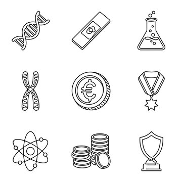 Science Icons: DNA, Microscope Slide, Flask, Chromosome, Euro Coin, Medal, Atom, Money Stack, Trophy