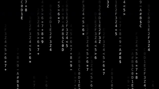 White digital code characters raining down cyber style, transparent background loop animation
