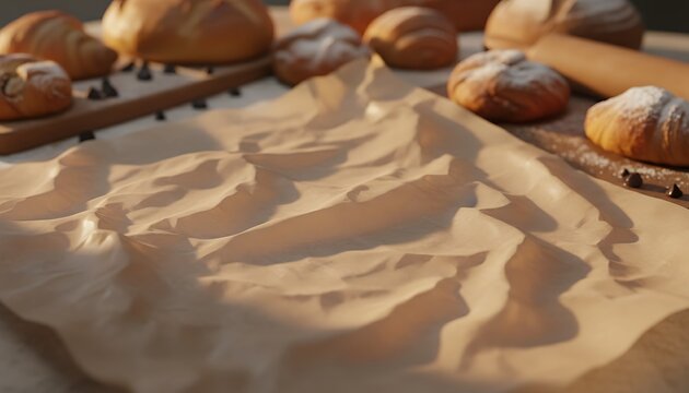 Crumpled parchment paper on a rustic wooden surface surrounded by fresh bread and chocolate chips
