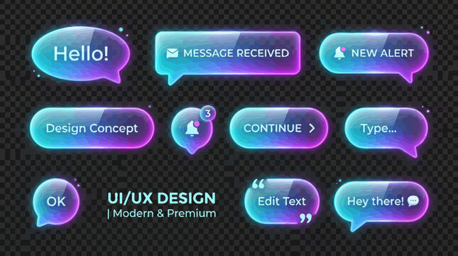 Modern UI UX Design Elements with Gradient Speech Bubbles and Buttons.
