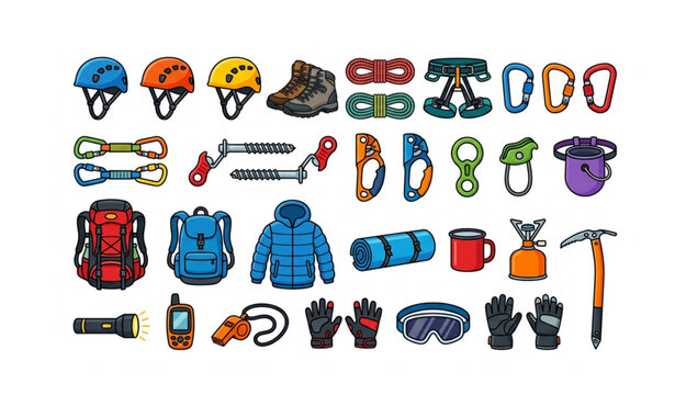 Cartoon Mountaineering Gear Collection with Climbing Equipment, Hiking Accessories and Adventure Travel Tools Vector Set