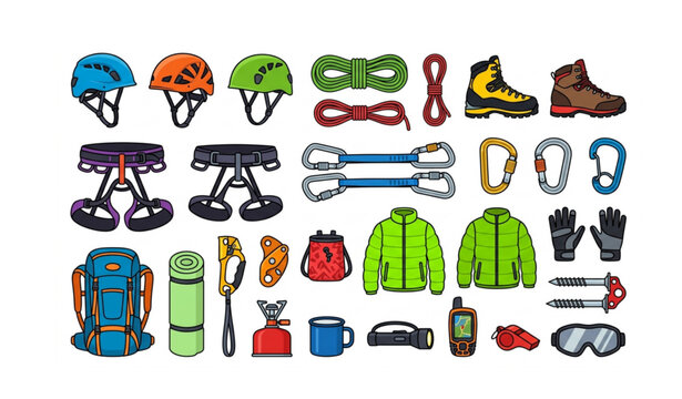 Cartoon Mountaineering Gear Collection with Climbing Equipment, Hiking Accessories and Adventure Travel Tools Vector Set