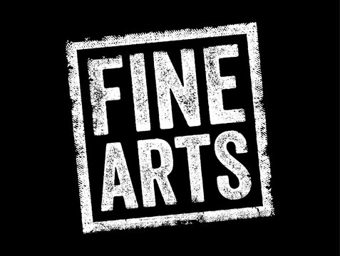 FINE ARTS text stamped in a skewed rectangle with a heavily grunged, weathered, and distressed texture. This retro ink mark symbolizes creativity, craftsmanship, and classical design productions.