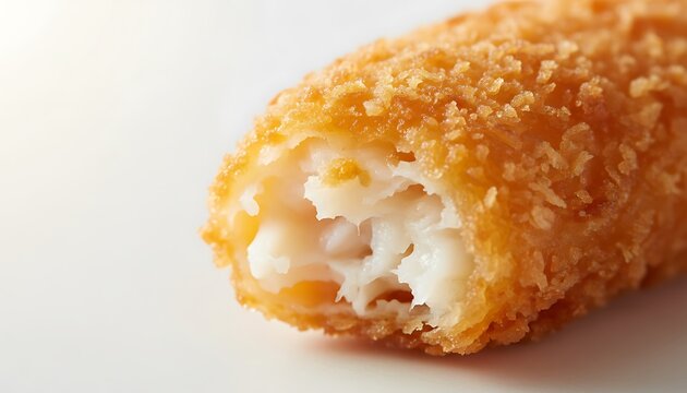 Crunchy golden fried fish stick with a bite taken, revealing tender white fish inside