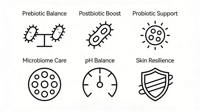 Six skin microbiota icons represent the barrier care and skincare concept of balancing probiotics, maintaining pH stability, and enhancing skin tolerance.
