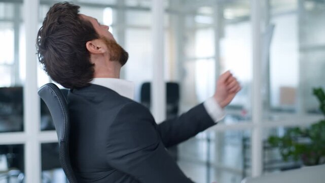 Close up funny happy Caucasian middle-aged business man dancing throwing papers singing fooling having fun in office mature businessman dance throw documents sing at table pointing at camera hey you