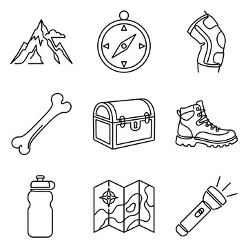 Adventure Icons: Mountain, Compass, Map, Boot, Torch, Treasure Chest, Bone