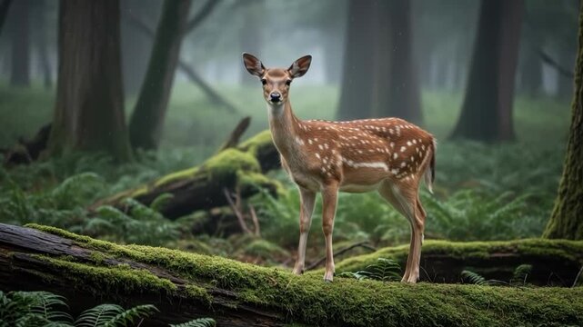 Spotted deer standing on a mossy log in a misty forest