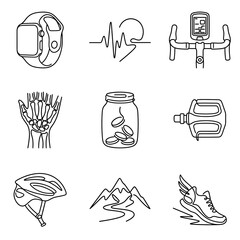 Fototapeta premium Healthy Lifestyle Icons: Smartwatch, ECG, Bike Computer, Hand, Pills, Pedal, Helmet, Mountains, Running Shoe