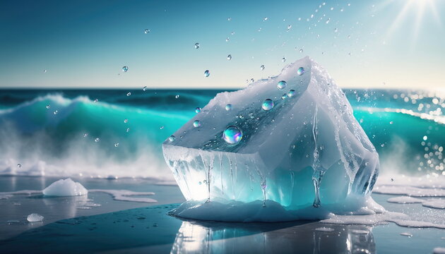 Big ice block on the beach with ocean wave splashing 海辺に置かれた大きな氷の塊と波しぶきの背景イラスト