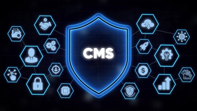 Cms management system concept with digital shield and network technology digital security
