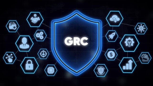 Grc governance risk and compliance concept with digital shield and network animation