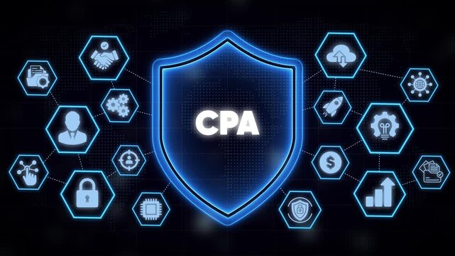 Cpa certified public accountant concept with digital shield and business network finance