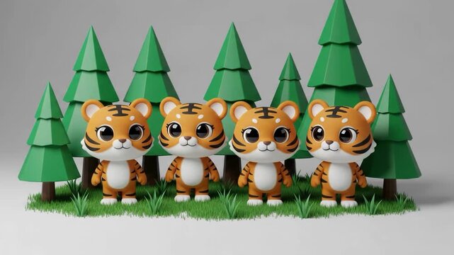 Four cute cartoon tigers in a pine forest