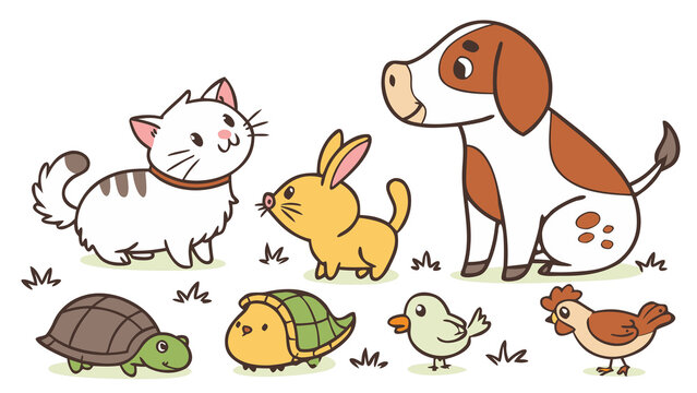 Set of funny cartoon animals vector illustration collection of cute pet and wild animal characters including dog cat rabbit cow bear mouse bird for farm and zoo design concept