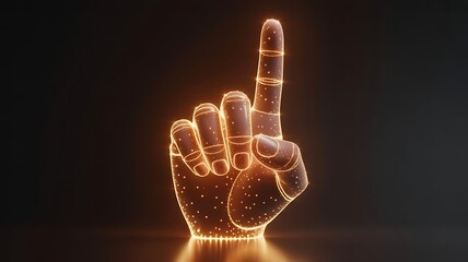 Naklejka premium Wireframe hand illuminated with orange light pointing index finger glowing hand human body part dark background light up one object number one first place isolated futuristic reflection