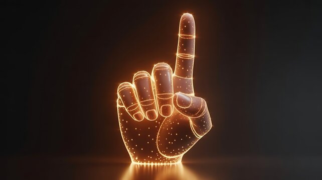 Wireframe hand illuminated with orange light pointing index finger glowing hand human body part dark background light up one object number one first place isolated futuristic reflection