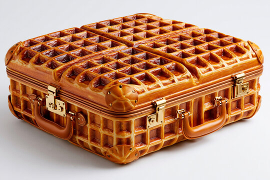 Valise vintage haut de gamme sur fond blanc, dont la coque est enti&egrave;rement recouverte d'une &eacute;paisse gaufre belge brun dor&eacute; au quadrillage profond. Un concept surr&eacute;aliste et gourmand